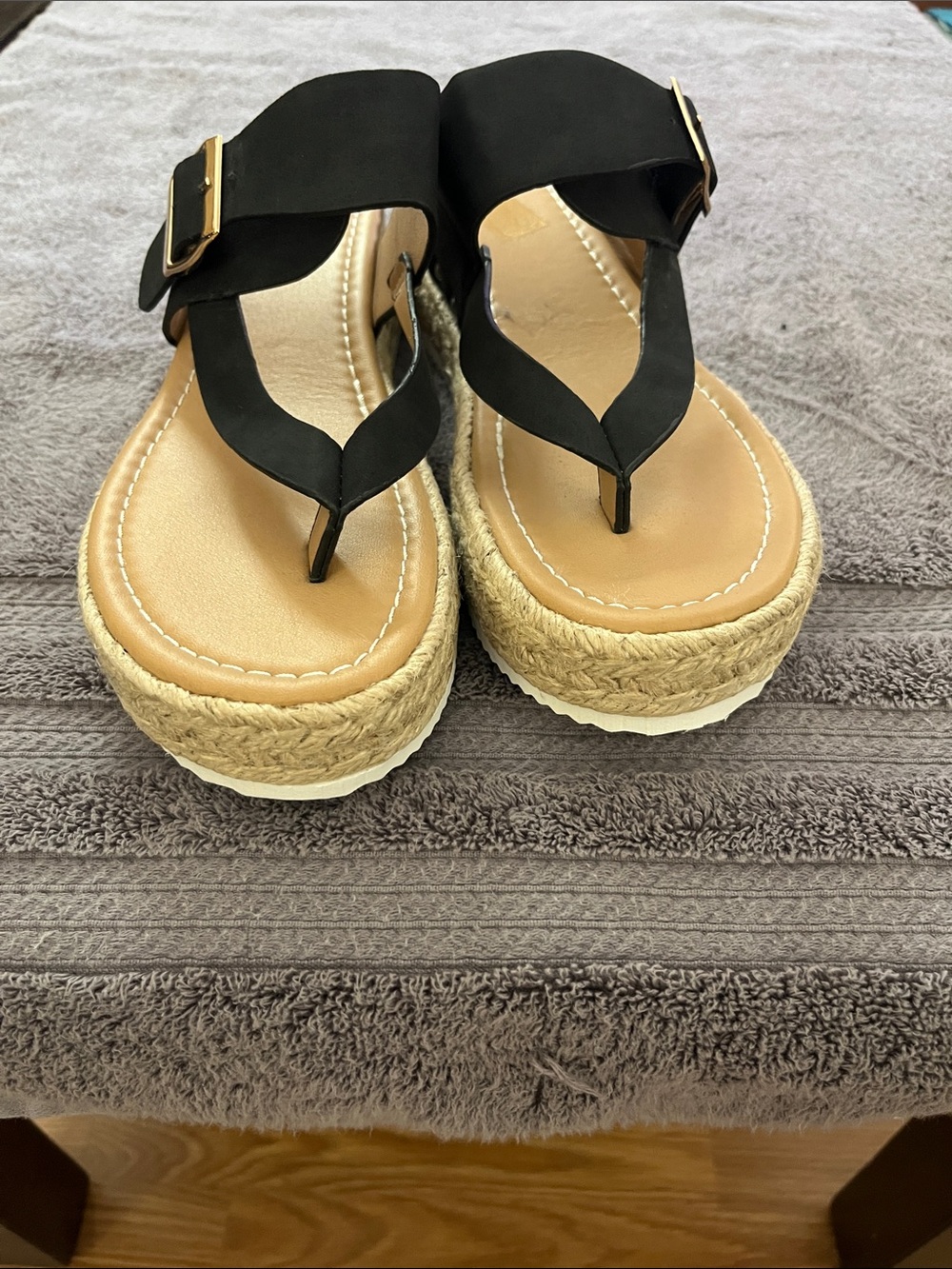 Black Espadrille Platform Thong Wedges with Gold Buckle